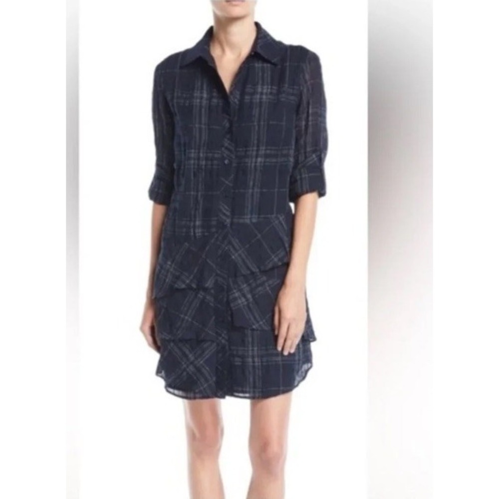 Finley Jenna Ruffle-Trim Linen Shirt Dress Roll Tab Sleeves  XL Blue USA Made